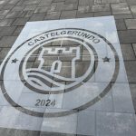 Laserski izrađena šablona s logotipom Castelgerundo za bojanje vanjskih površina na popločanom tlu