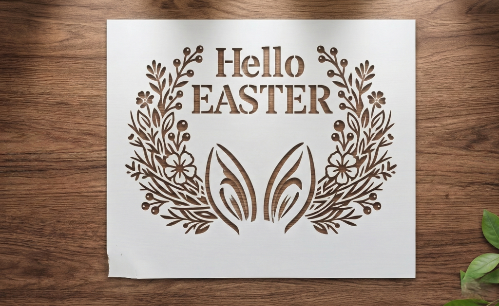 Uskršnja šablona Hello Easter s cvjetnim vijencem i zečjim ušima za dekoraciju doma