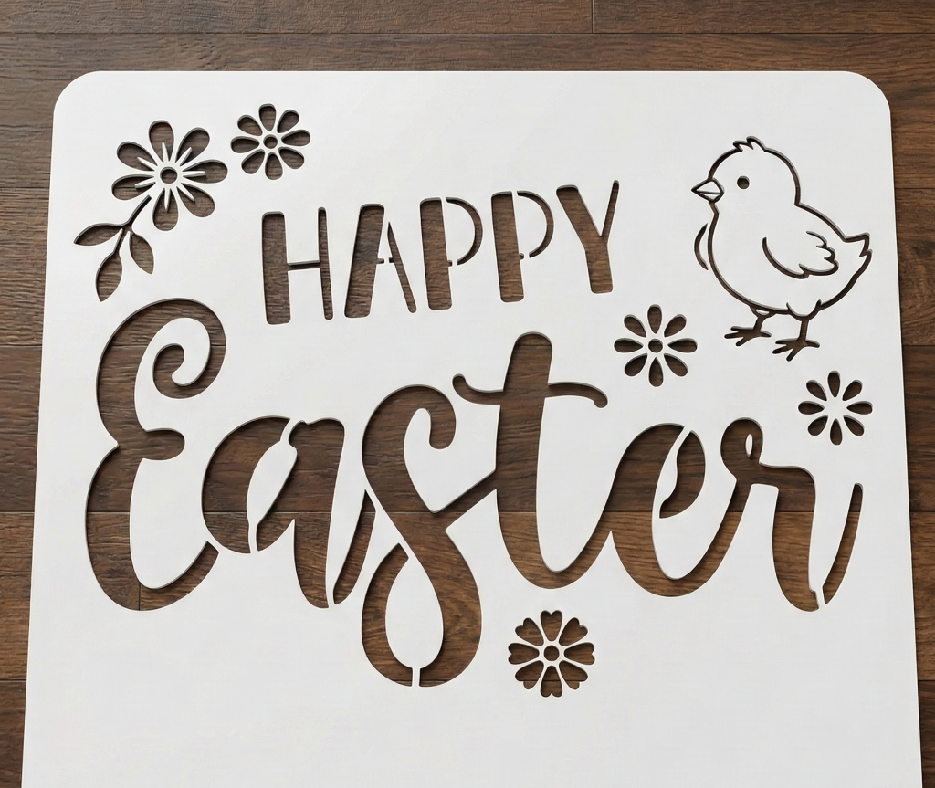 Velika uskršnja šablona Happy Easter s dekorativnim cvijećem i zekom za blagdanske natpise